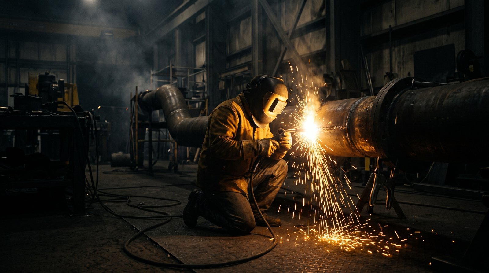 Welder striking an arc on a heavy steel pipe joint