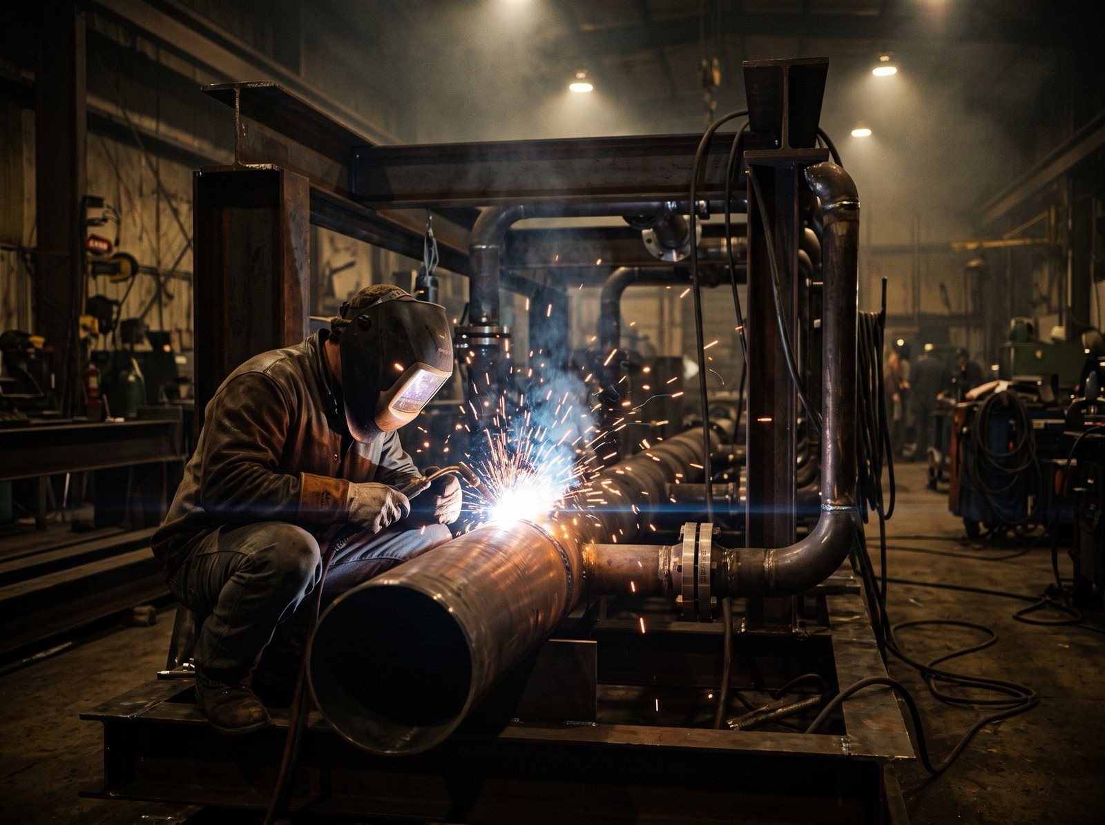 Welder striking an arc while fabricating a steel skid