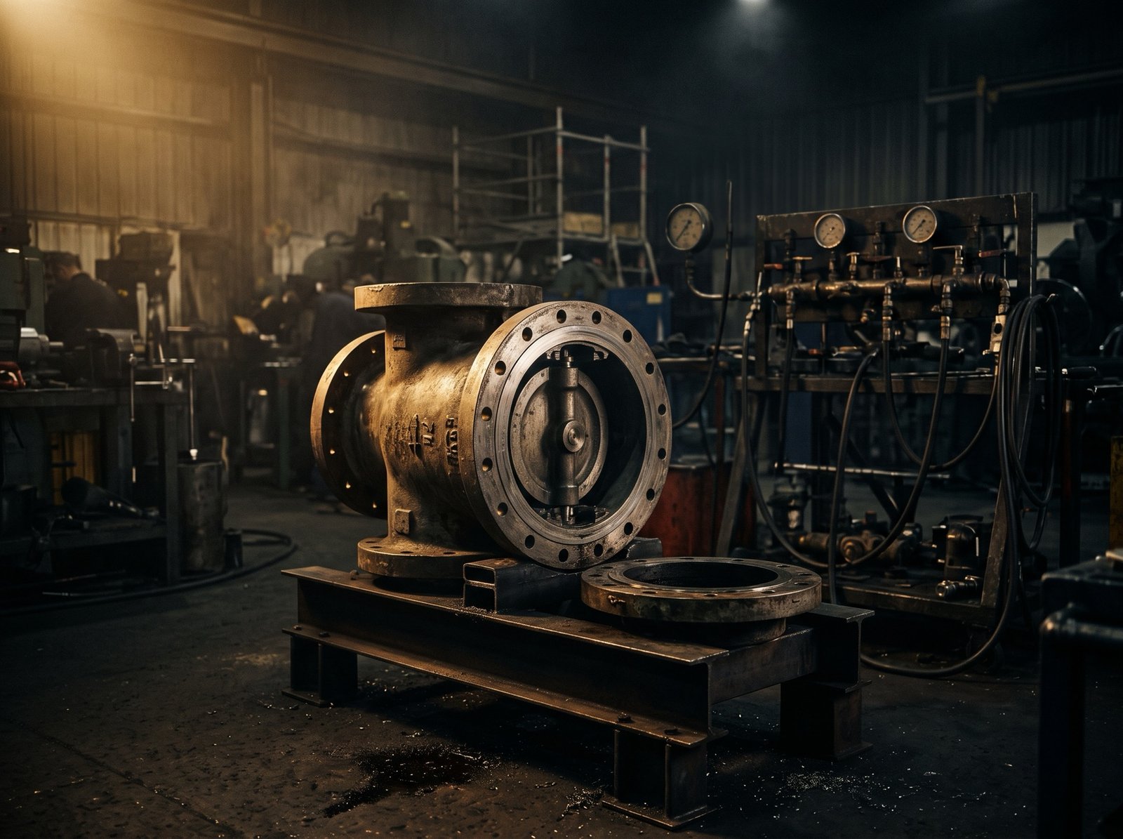 Industrial gate valve opened for overhaul on a test bench