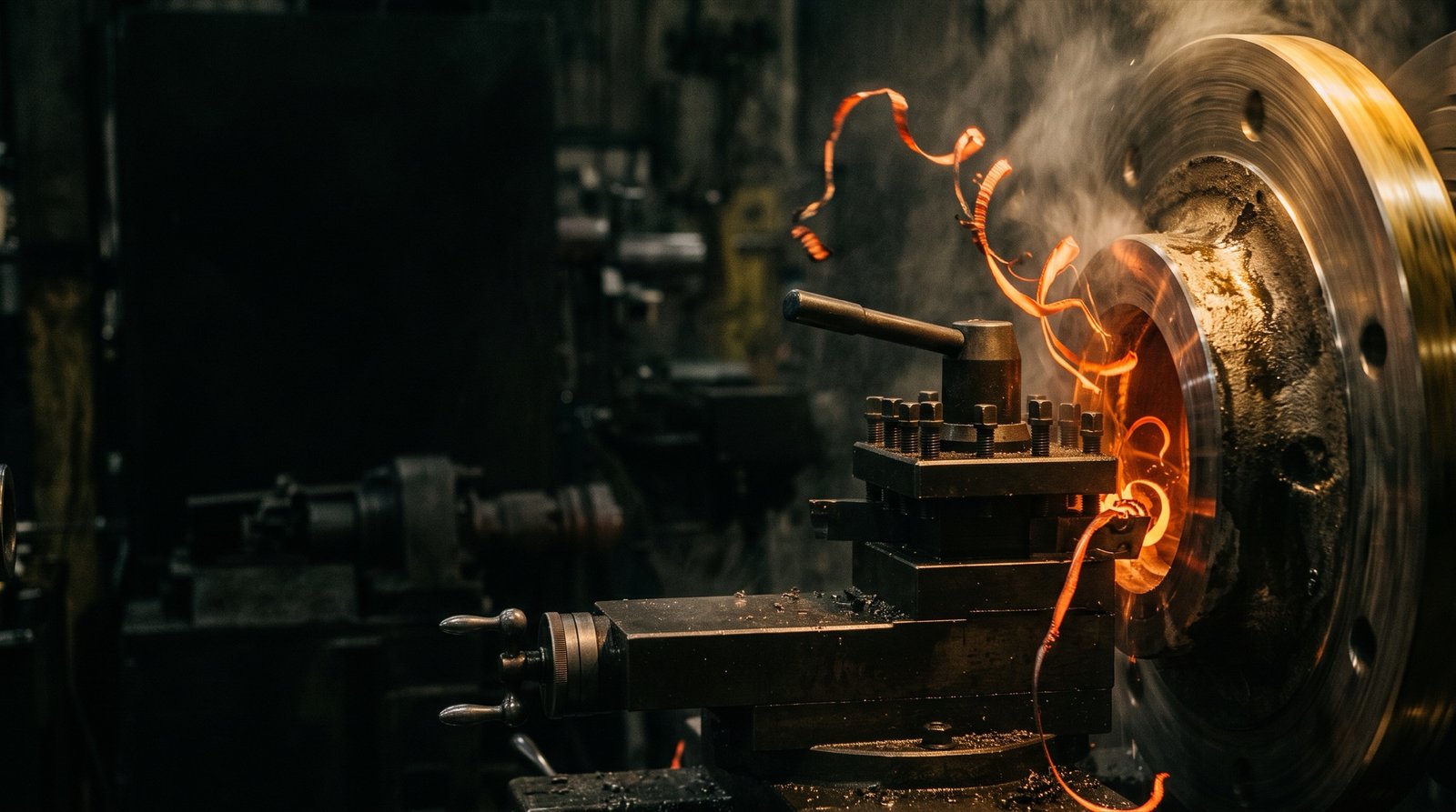 CNC lathe cutting a steel flange