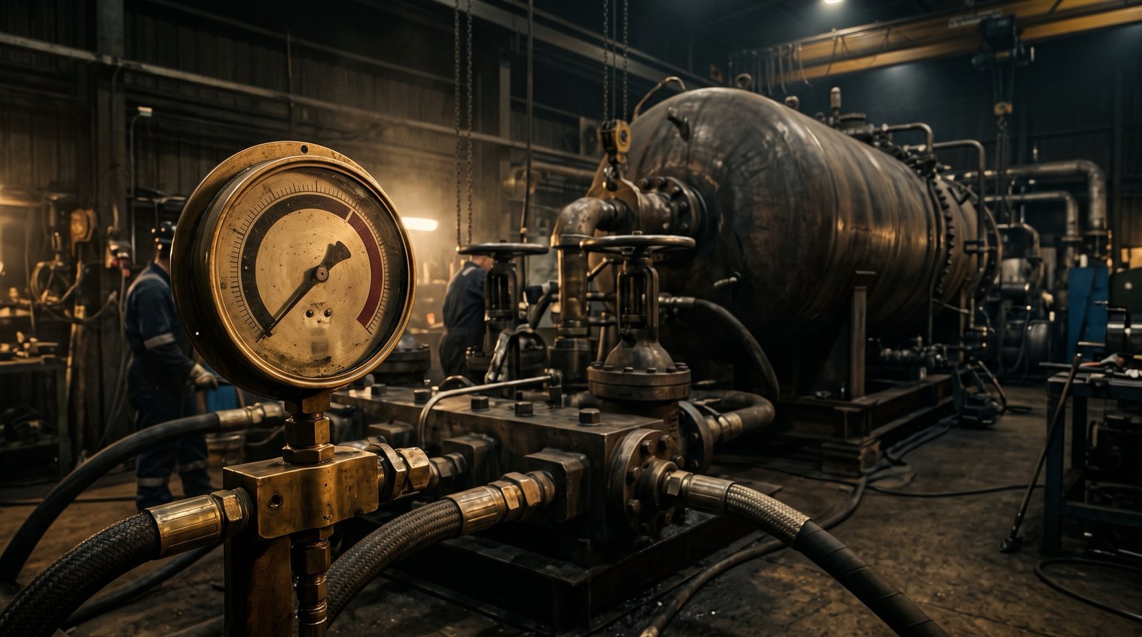 Hydrostatic test rig and pressure gauge in the KGEC workshop