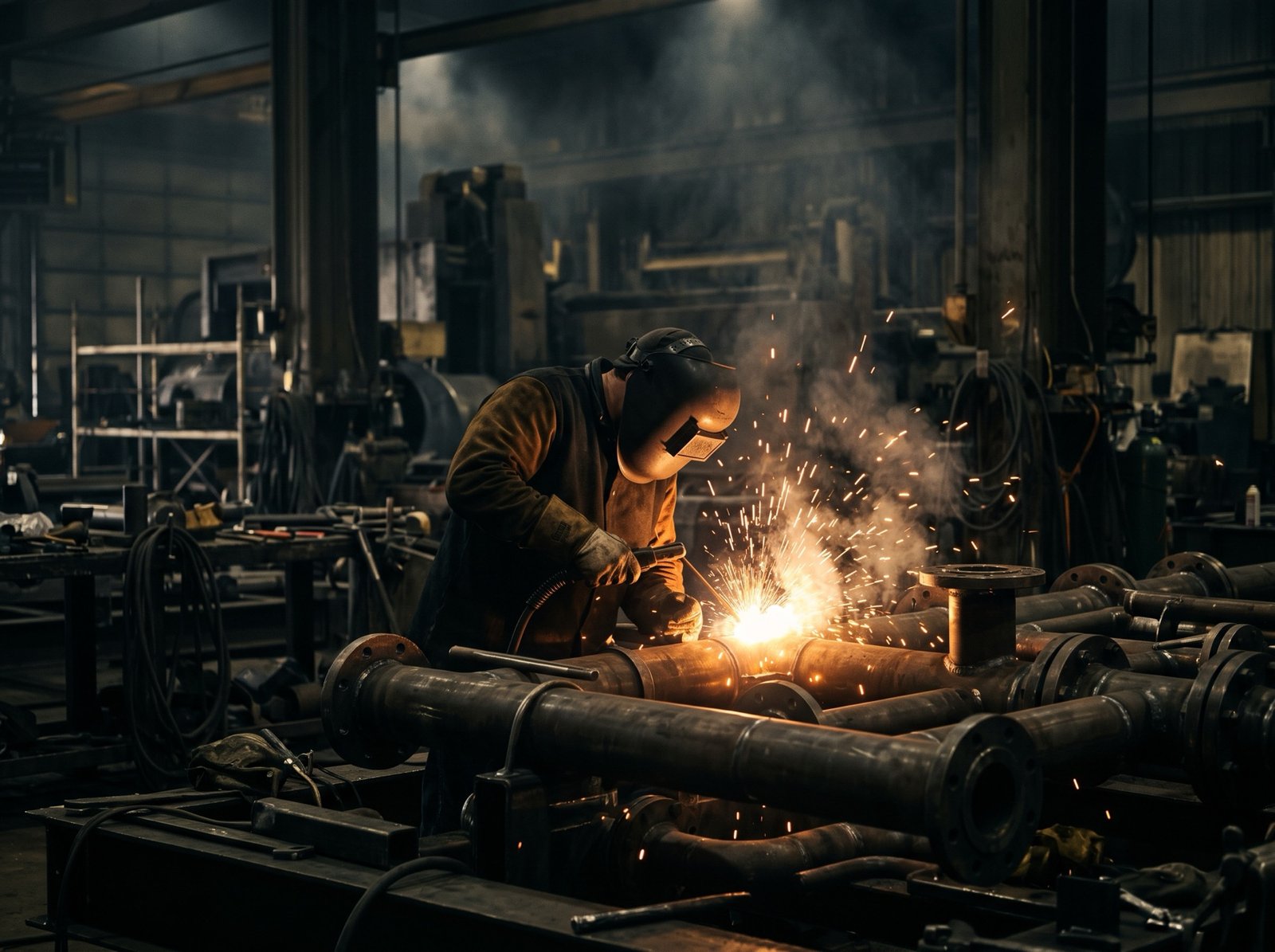 Welder fabricating a steel skid