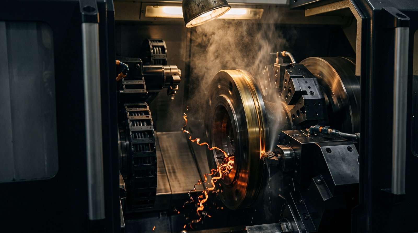 CNC lathe cutting a steel wellhead flange in the KGEC machine shop